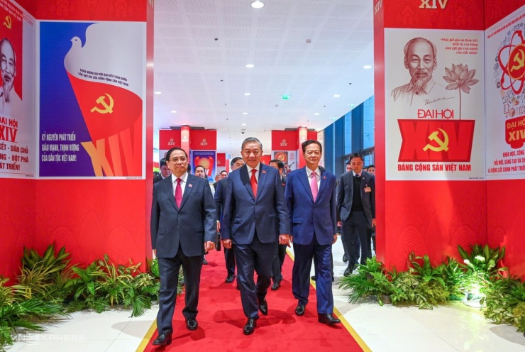 Tổng Bí thư Tô Lâm; Thủ tướng Phạm Minh Chính; nguyên Thủ tướng Nguyễn Tấn Dũng, tại Đại hội.