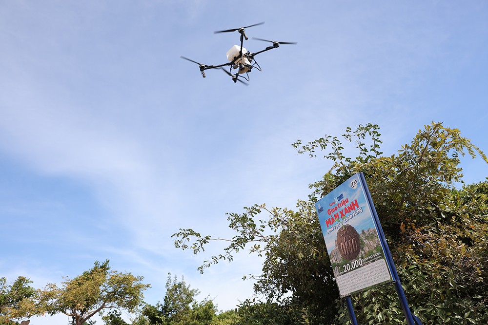 Đặc biệt, OMO cũng tiên phong thử nghiệm công nghệ rải banh hạt giống bằng máy bay không người lái (drone), giúp đưa hạt giống tới phần rừng nằm sâu trong lõi rừng hoặc những vách rừng cao hiểm trở.