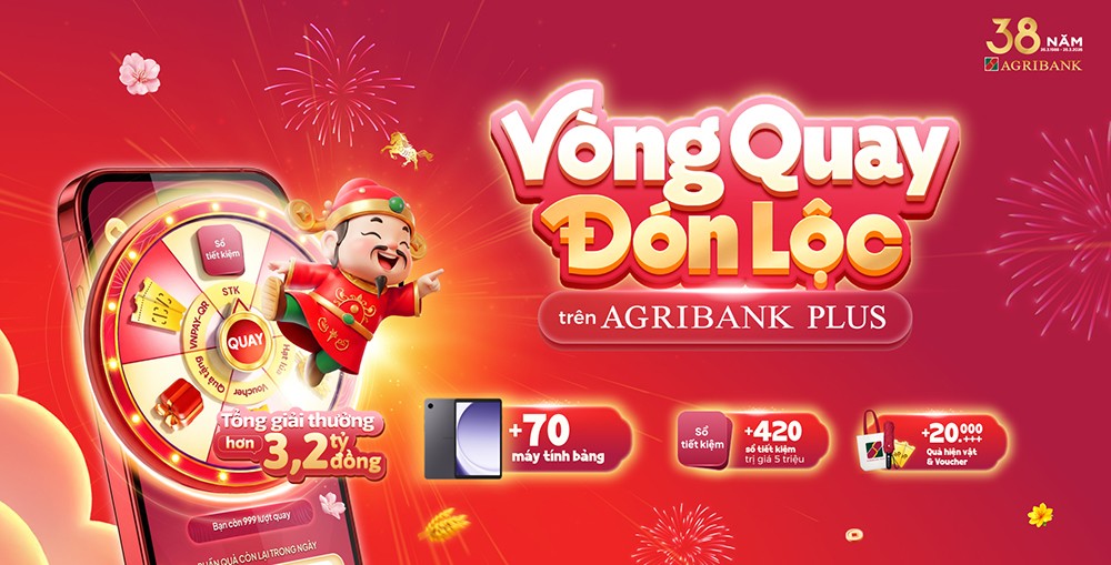Chương trình "Vòng quay đón lộc" với cơ hội trúng thưởng mỗi ngày trên ứng dụng Agribank Plus.