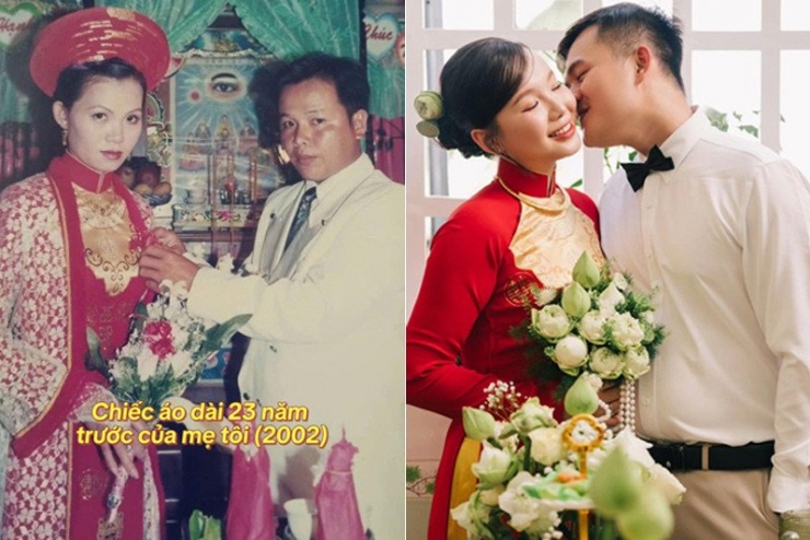 Chiếc áo dài cưới được sửa lại để vừa với số đo của Nhật Khang&nbsp;