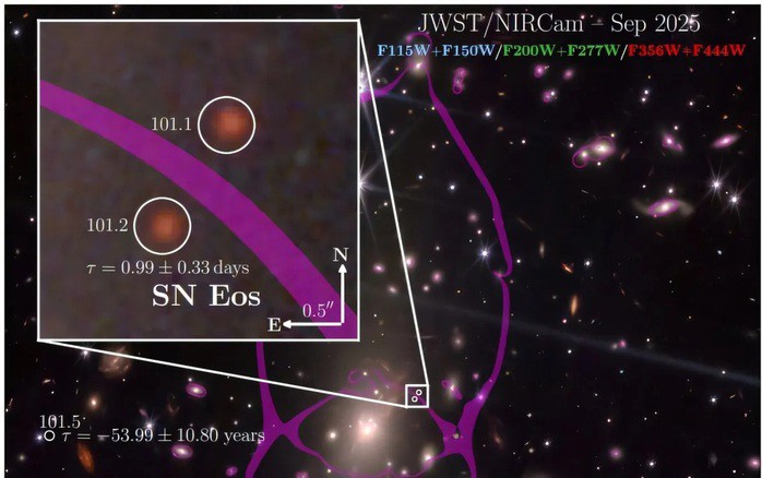 Siêu tân tinh Eos (SN Eos) từ vũ trụ sơ khai được thấu kính hấp dẫn nhân bản và phóng to trong dữ liệu từ kính viễn vọng - Ảnh: NASA/ESA/CSA
