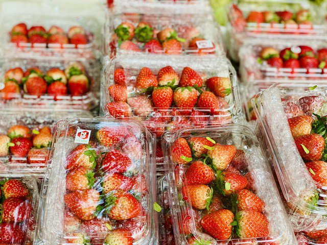 Dâu tây được đóng trong hộp 0.5kg để thuận tiện cho người tiêu dùng khi mua.