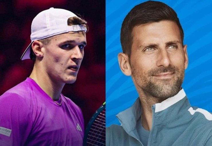 Mensik (bên trái) bỏ cuộc trước trận gặp Djokovic