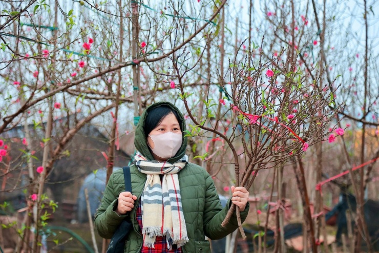 “Mình thích tự tay chọn cành đào hợp mắt, hợp nhà. Cành này mình mua hơn 100.000 đồng, rẻ hơn so với ngoài chợ mà lại đúng gu nên rất hài lòng”, chị Huyền - một khách mua đào - chia sẻ.