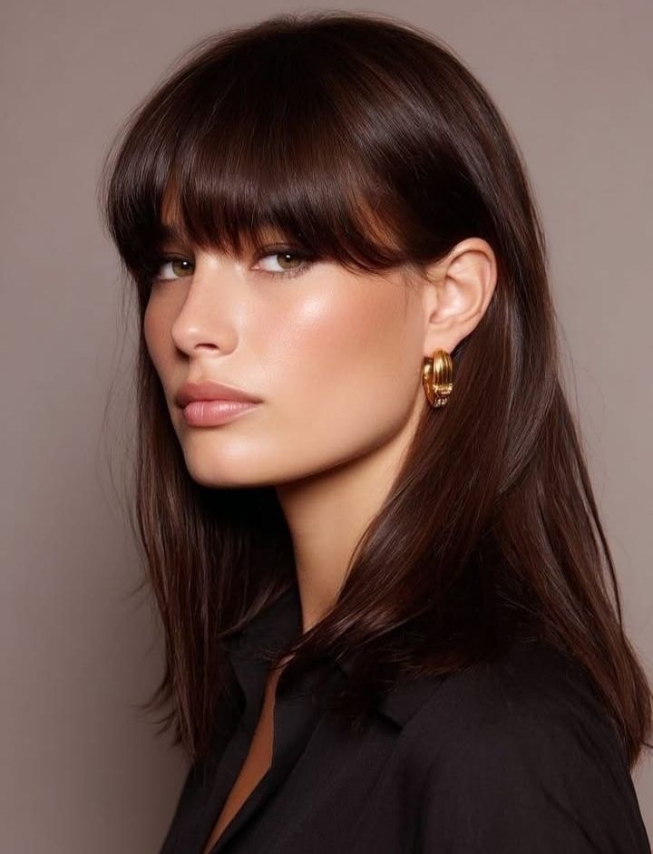 Bold bang (tóc mái bằng dày) thường lấy phần mái sâu từ đỉnh đầu, đường cắt ngang, gọn, rõ nét, có thể hơi cong theo trán. Phong cách này dành cho những người có cá tính mạnh, không sợ bị chú ý, gương mặt góc cạnh, muốn tạo vẻ quyền lực, lạnh lùng theo hơi hướng avant-garde.