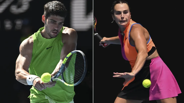 Alcaraz (bên trái) và Sabalenka (bên phải) đều bị trọng tài yêu cầu thiết bị theo dõi sức khỏe khi đang thi đấu