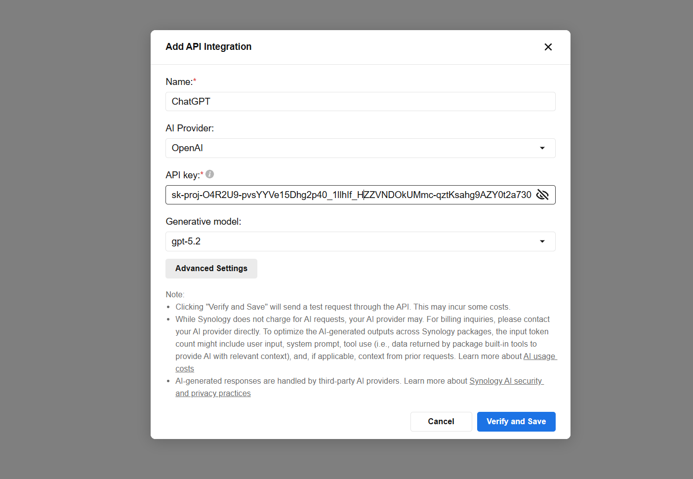 Thiết lập API token trong&nbsp;Synology AI Console.
