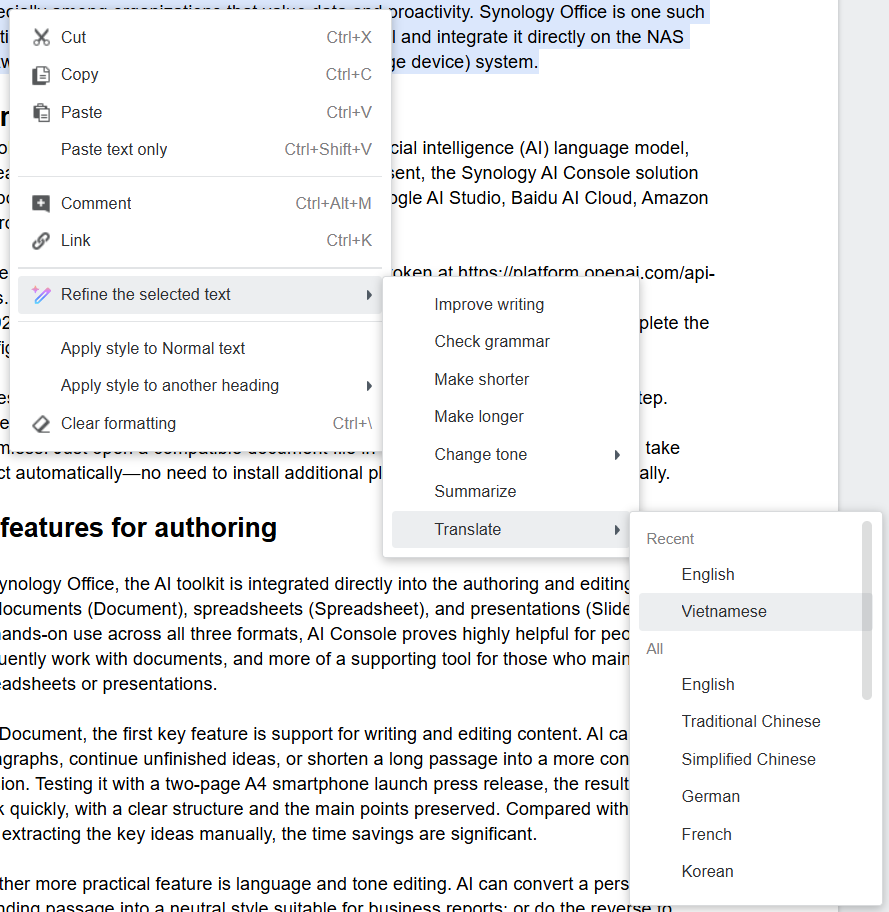 AI hỗ trợ tiếng Việt cả trong việc dịch văn bản lẫn ra câu lệnh.