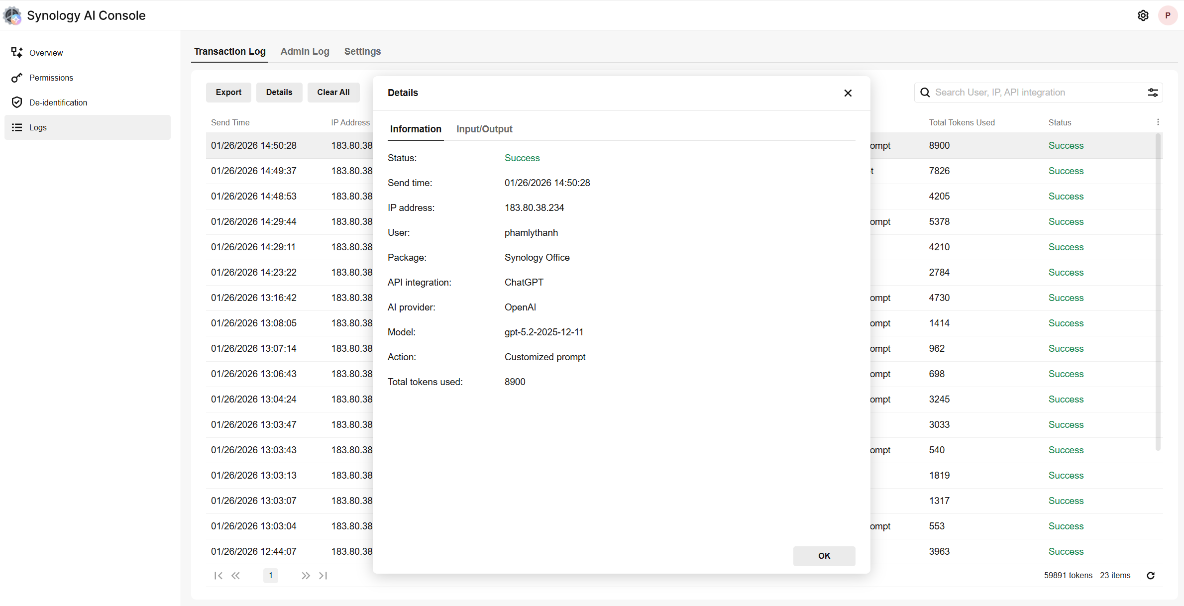 "Log" ghi lại lịch sử thao tao tác với AI của từng tài khoản.