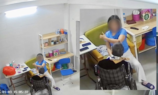 Hình ảnh cụ bà nghi bị giúp việc bạo hành. Ảnh cắt từ clip