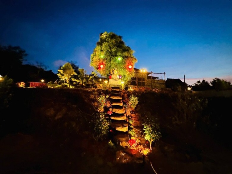 Bức tượng hiện được đặt trang trọng dưới gốc cây bồ đề lớn trong khuôn viên, xung quanh được trang trí bằng những chiếc đèn lồng rực rỡ, tạo nên không gian tâm linh huyền ảo và bình yên khi đêm xuống.