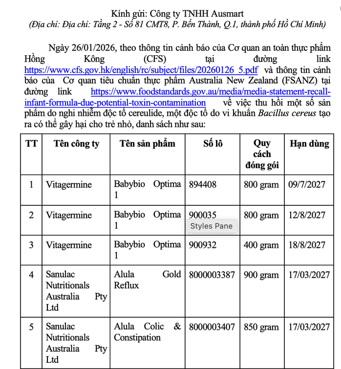 Một số sản phẩm sữa bị thu hồi do nghi nhiễm độc tố cereulide, có nguy cơ gây hại cho trẻ nhỏ
