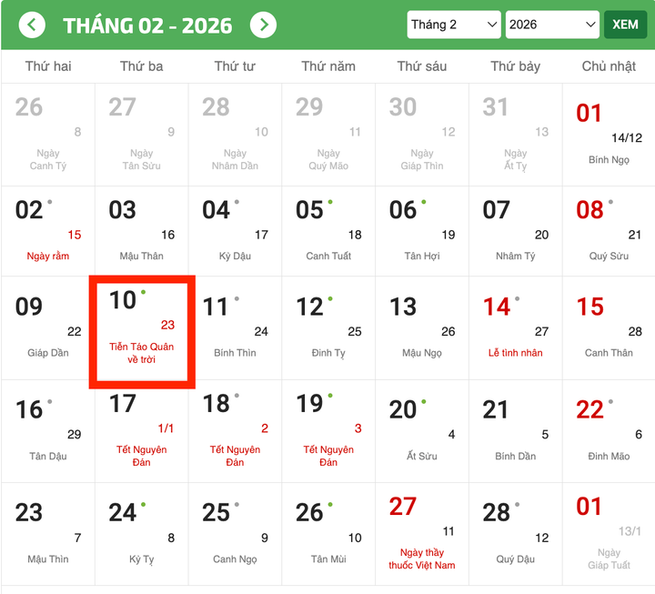 Tết ông Công ông Táo năm 2026 rơi vào Thứ Ba, ngày 10/2/2026 Dương lịch. (Ảnh: Chụp màn hình)