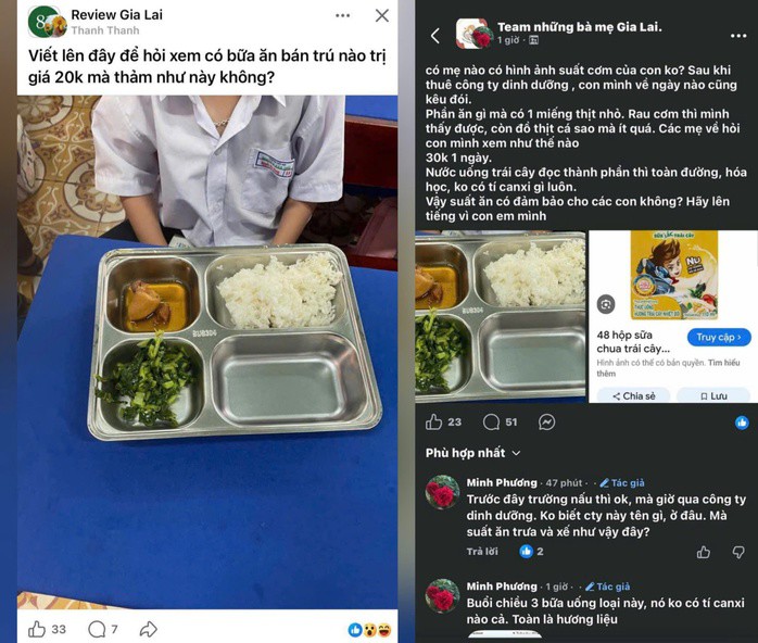 Hình ảnh bữa ăn bán trú được đăng tải trên mạng được phụ huynh cho rằng lượng đồ ăn rất ít, học sinh ăn không đủ no