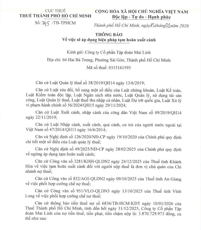 Sau 30 ngày kể từ ngày ban hành thông báo, nếu Công ty Cổ phần Tập đoàn Mai Linh chưa nộp thuế, cơ quan thuế sẽ thực hiện biện pháp tạm hoãn xuất cảnh người đại diện pháp luật của công ty này