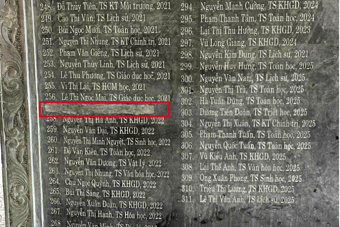 Dấu vết đục bỏ tên tiến sĩ ở vị trí 257 trên bia tiến sĩ tại "Vườn cây tiến sĩ" của Trường ĐH Sư phạm Hà Nội 2. Ảnh: LCKH