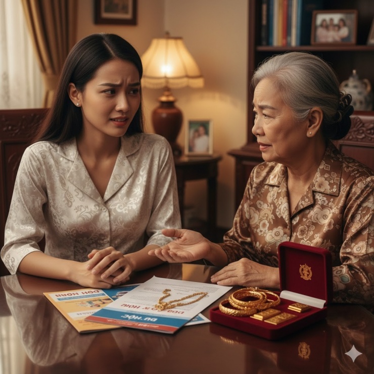 Mẹ chồng muốn mượn tôi số vàng cưới để lo cho cô út đi du học (Ảnh minh họa, nguồn: AI)