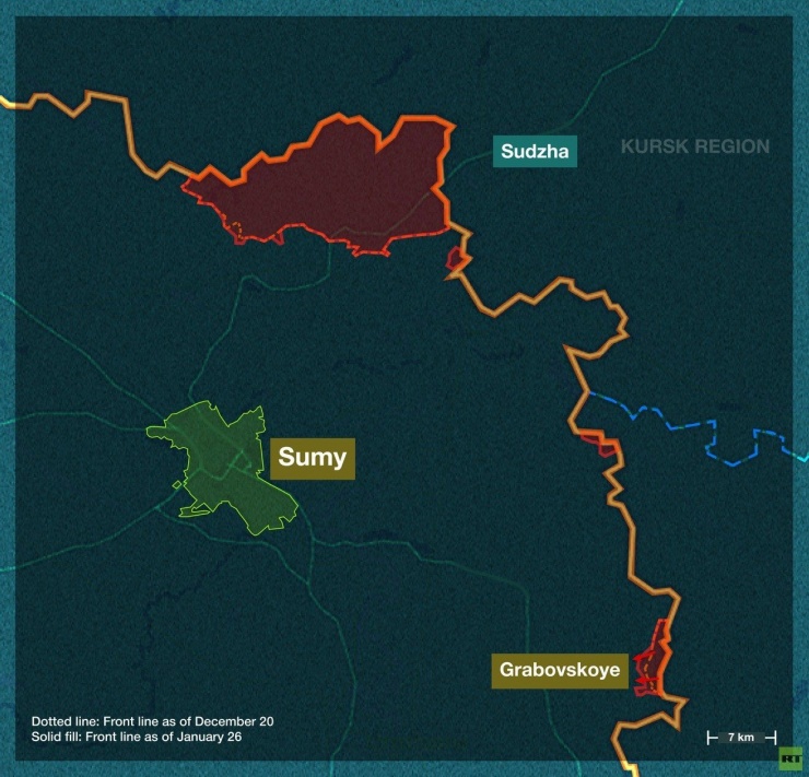 Tỉnh Sumy của Ukraine giáp tỉnh Kursk của Nga. (Ảnh: RT)