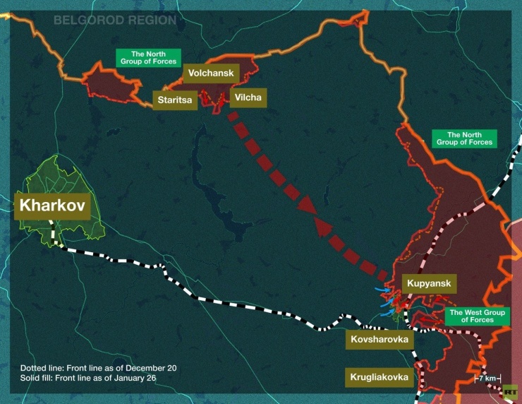 Hai nhóm quân - một từ Volchansk và một từ Kupyansk - có thể gặp nhau. (Ảnh: RT)