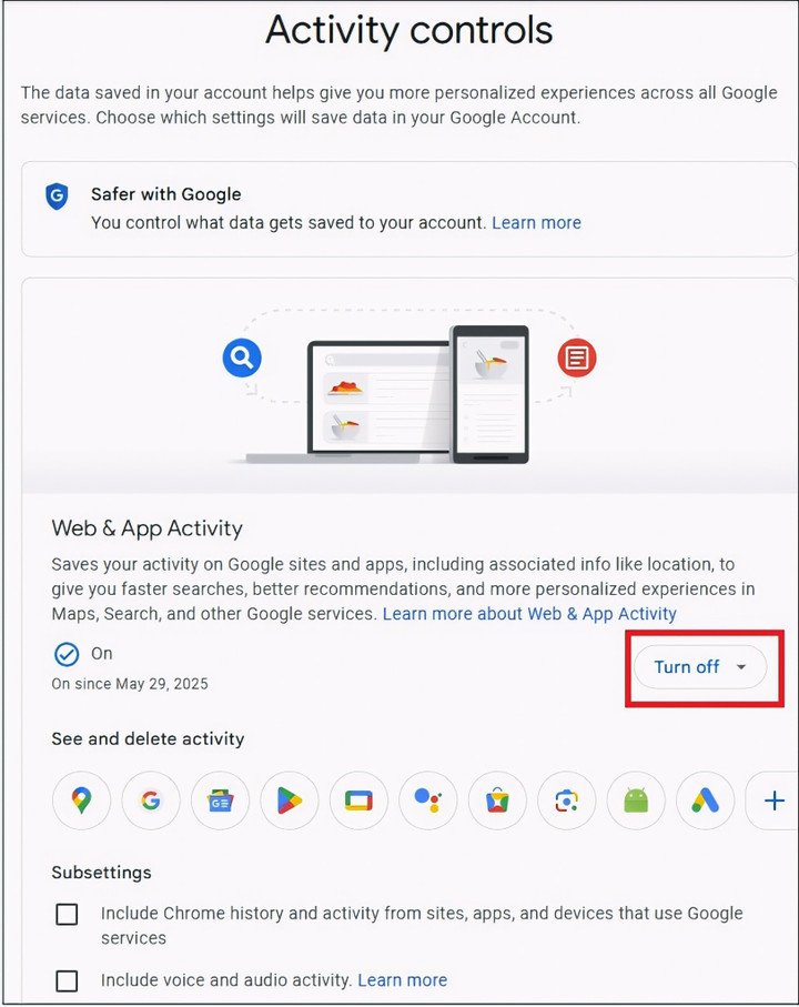 Người dùng có thể tắt hoặc xóa lịch sử truy cập Google để giảm thiểu việc thu thập thông tin cá nhân. (Nguồn: PCMag)