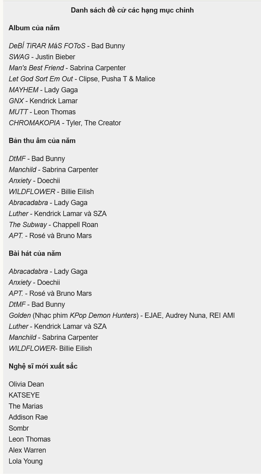 Grammy 2026 - cuộc đua sít sao - 2