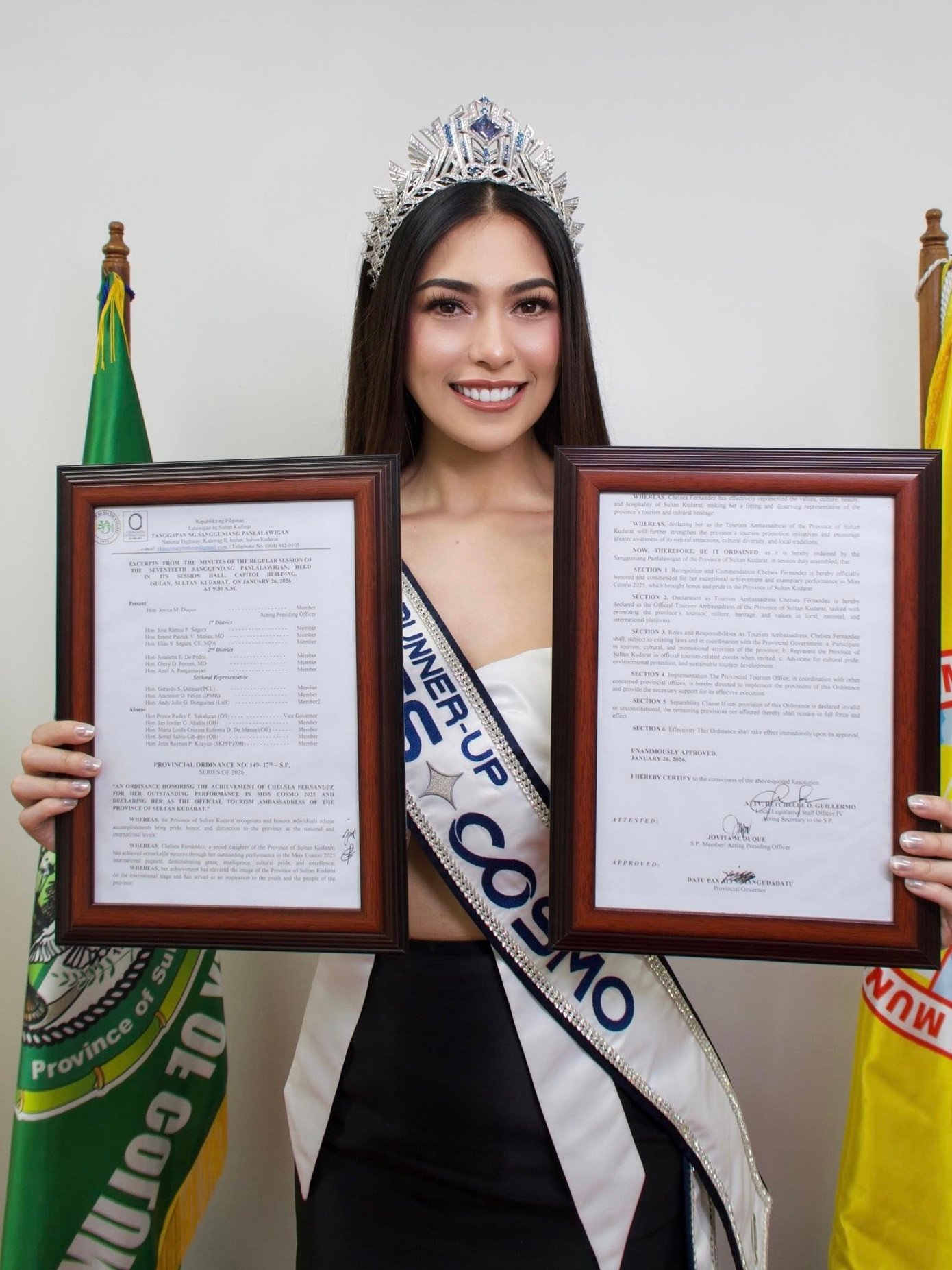 Trong khuôn khổ hoạt động homecoming, chính quyền tỉnh Sultan Kudarat đã vinh danh Chelsea, ghi nhận những đóng góp và thành tích nổi bật của cô tại Miss Cosmo 2025. Chính quyền đã bổ nhiệm Chelsea Fernandez giữ vai trò Đại sứ Du lịch cấp tỉnh Sultan Kudarat.