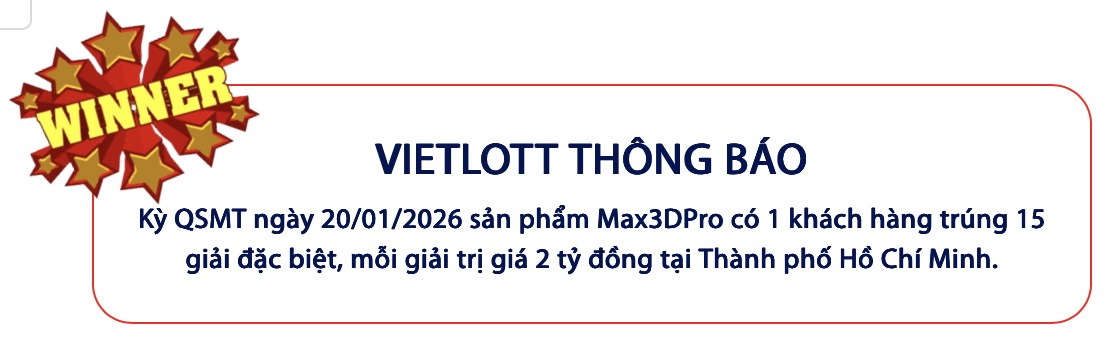 Thông báo của Vietlott về người chơi vừa trúng giải thưởng của Max 3D Pro.