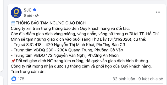 Thông báo trên fanpage của công ty SJC