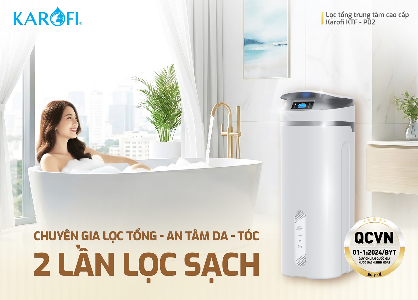 Lọc tổng Karofi KTF-P02 loại bỏ clo, nước cứng trong nước sinh hoạt, hỗ trợ bảo vệ da-tóc