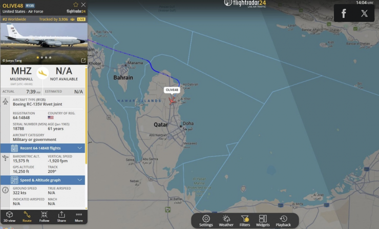 Theo dữ liệu theo dõi hàng không được công bố, ngày 29/1, một máy bay trinh sát điện tử RC-135V Rivet Joint của không quân Mỹ đã hạ cánh xuống căn cứ không quân Al Udeid ở Qatar.