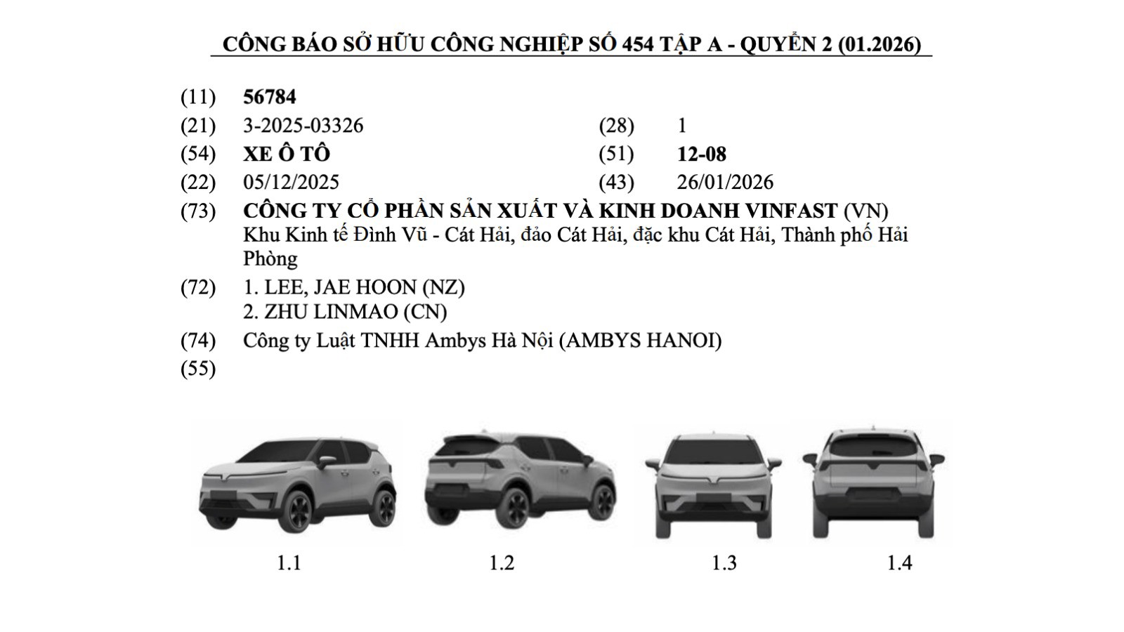 Mẫu xe VinFast VF5 được đăng ký bảo hộ kiểu dáng tại Việt Nam.