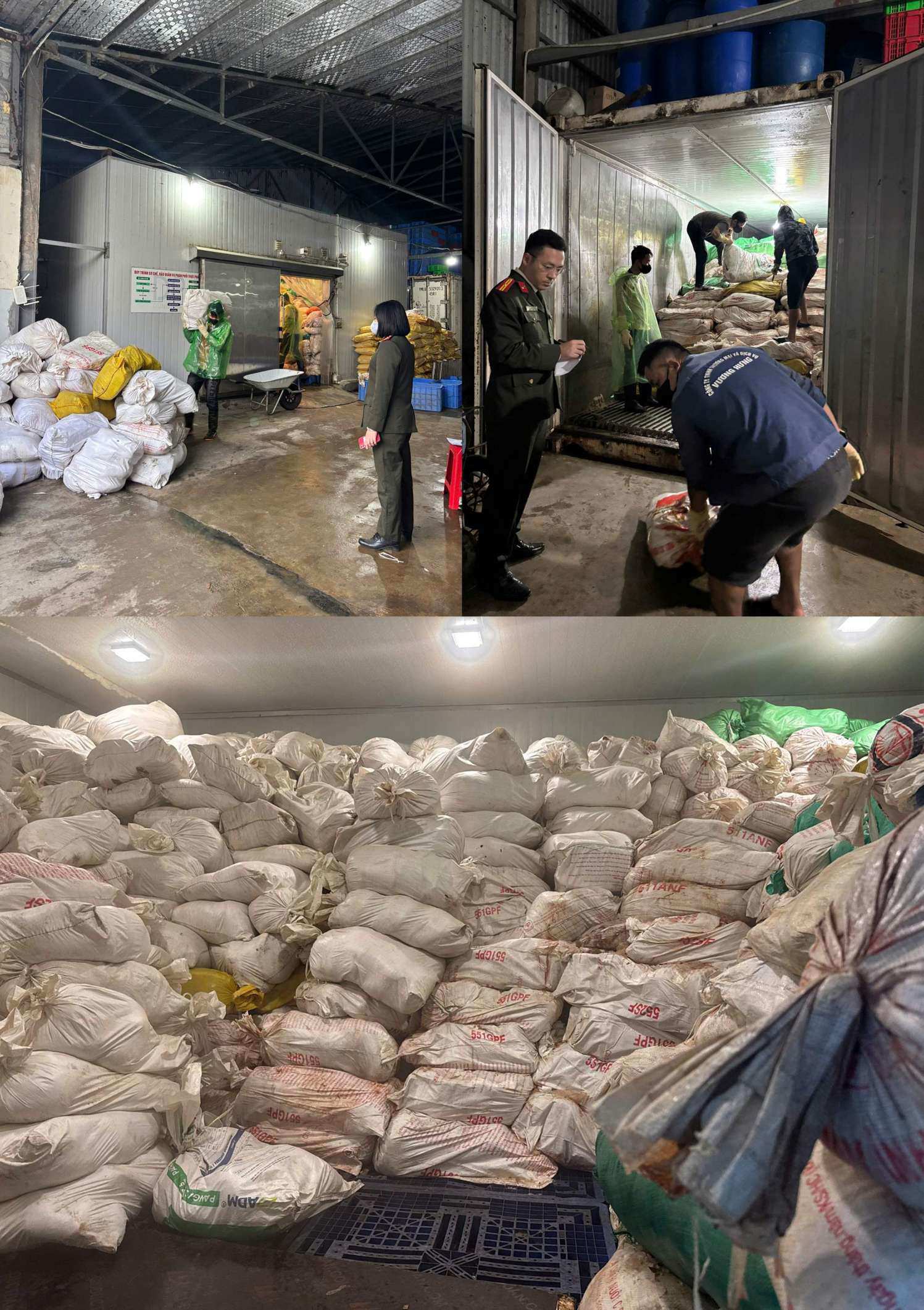 Lòng lợn được cấp đông, đóng bánh với khối lượng lớn. Ảnh: Công an TP Hà Nội.