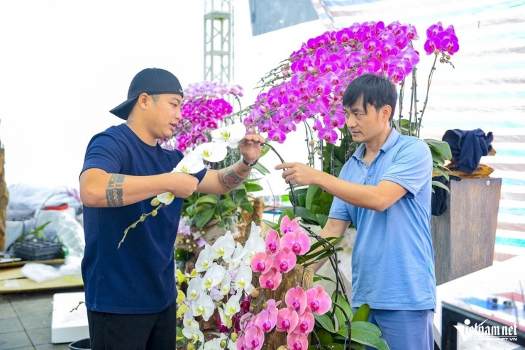 Những thợ cắm hoa lan như anh Hưng kiếm tiền triệu mỗi ngày dịp Tết. Ảnh: Lê Dương