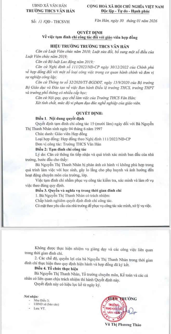 Quyết định tạm đình chỉ công tác 15 ngày đối với giáo viên bị phản ánh có hành vi bạo lực học đường đối với học sinh. Ảnh: Hà Thanh.