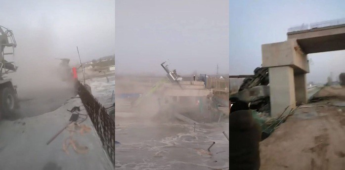 Sập cầu đang thi công tại Diêm Thành, Giang Tô, vào chiều ngày 2-2. Ảnh: YouTube, Đại Phong Tân Văn