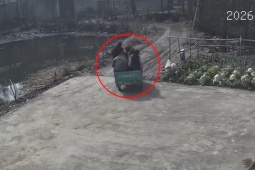 Clip: "Dở khóc dở cười" xe ba gác mất lái, 5 người lao thẳng xuống ao