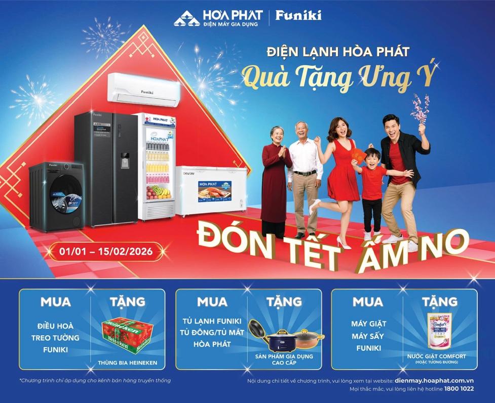 Từ nay đến hết ngày 15/02/2026, khách hàng mua các sản phẩm Hòa Phát – Funiki sẽ nhận được nhiều quà tặng thiết thực