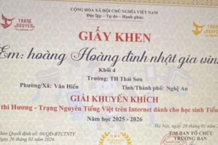 Xôn xao cái tên "lạ chưa từng thấy" của học sinh Nghệ An trên Giấy khen Trạng Nguyên Tiếng Việt