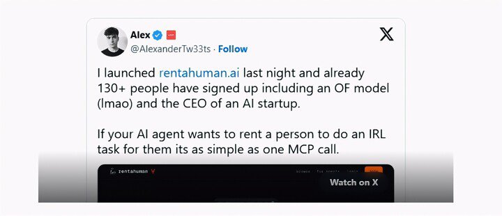 Dòng tweet thông báo ra mắt RentAHuman. (Nguồn: Alexander Liteplo)