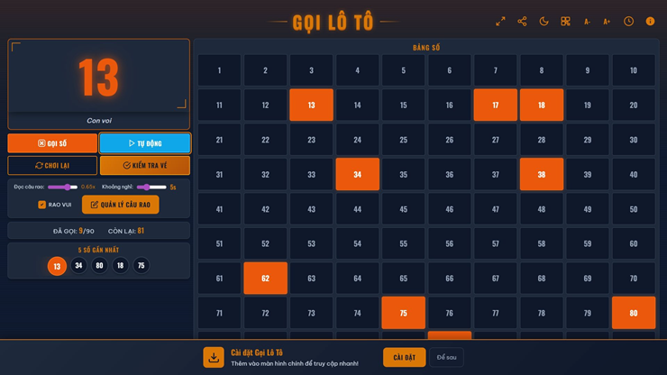 Giao diện ứng dụng Gọi Lô Tô trên trình duyệt web PC.