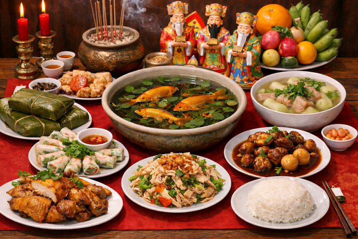 Mâm cơm cúng ông Công ông Táo. Ảnh AI