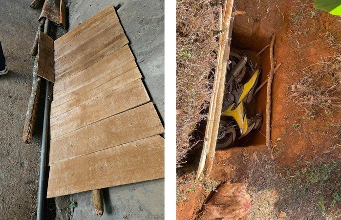 Sau nhiều ngày truy tìm, công an phát hiện xe máy giống của băng cướp sử dụng được chôn trong hố dưới mương nước cạn, phía trên được che đậy bằng các tấm ván gỗ thông