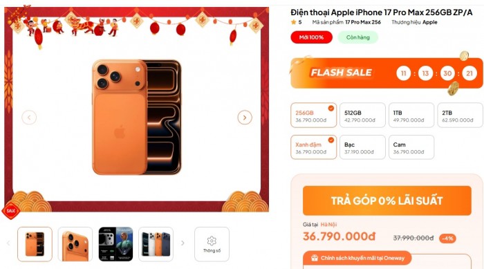 Cận Tết, giá iPhone 17 Pro Max hiện chỉ còn 36.79 triệu đồng. Giảm thêm 100 nghìn đồng so với vài ngày trước. Điều này cho thấy các đại lý đang tăng cường giảm giá cho khách Việt.