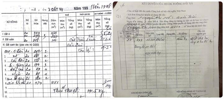 Hồ sơ ruộng đất năm 1998 của gia đình ông Vũ Văn Hạnh ghi rõ diện tích đất ở tại thửa 349, tờ bản đồ 20 là 1.521m² và Biên bản xét duyệt của Hội đồng đăng ký ruộng đất xã lập năm 2003 có dấu hiệu bị chỉnh sửa khi nét chữ và mực viết khác nhau. (Ảnh: Tiến Thắng)