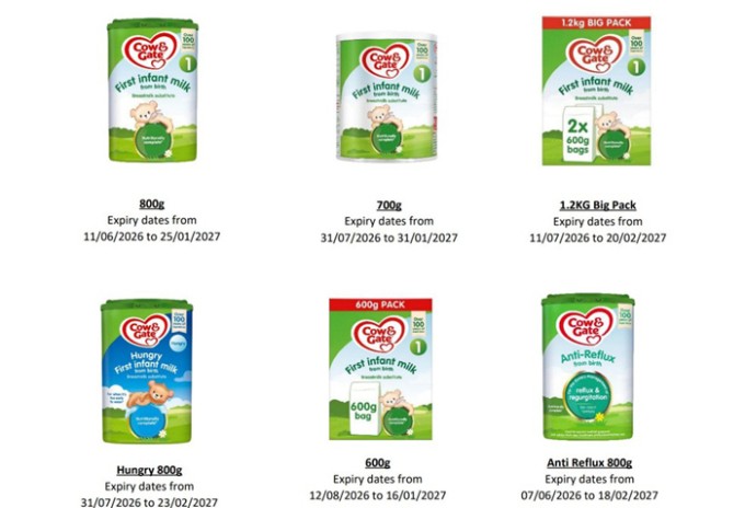 Các lô sản phẩm Cow &amp; Gate bị ảnh hưởng trong thông báo thu hồi của Danone Anh. Ảnh: Danone UK