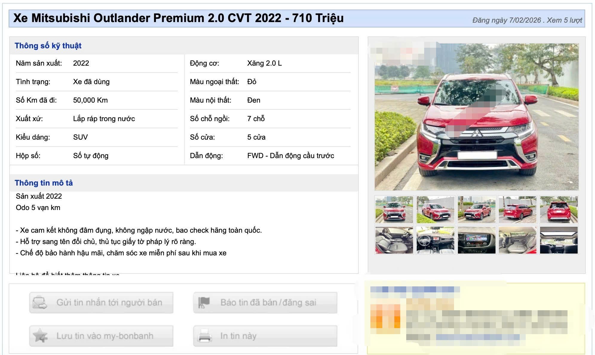 Thông tin một chiếc xe cũ được rao bán.