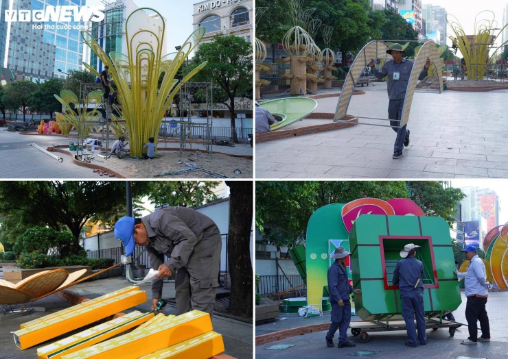 Công nhân tất bật hoàn thiện Đường hoa Nguyễn Huệ Tết Bính Ngọ 2026.