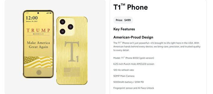 Hình ảnh điện thoại T1 trên trang web Trump Mobile. (Ảnh màn hình)