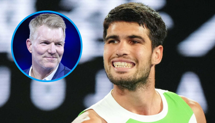 Alcaraz (ảnh lớn) có 58 tuần giữ ngôi số 1 thế giới, ngang bằng huyền thoại tennis Mỹ, Jim Courier (ảnh nhỏ)