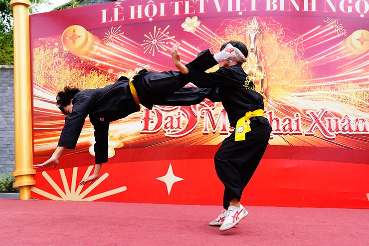 Các võ sư của môn phái Thiếu Lâm Long Phi thi triển các đòn thế đá ngược của ngựa trong võ cổ truyền